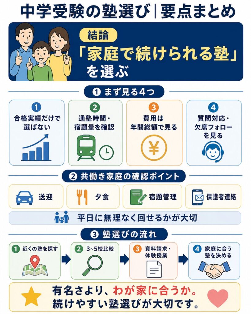 中学受験塾を選ぶ際に確認したいポイントをまとめた図